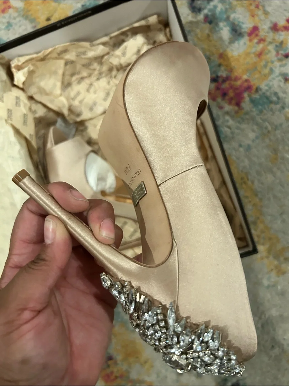 Badgley Mischka Satin Open-Toe Heels with Jewel Heel